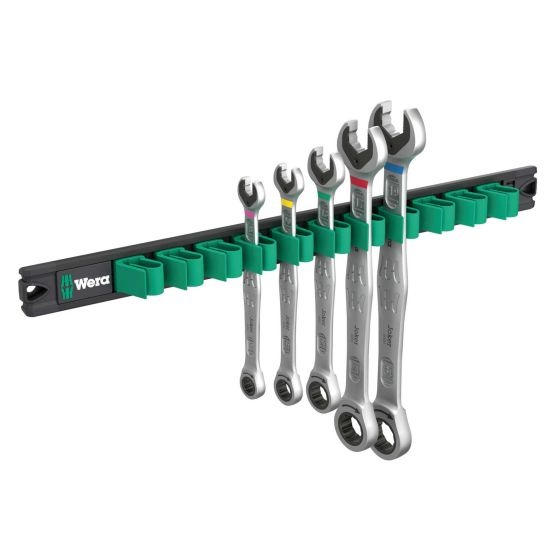 Five-piece Wera Joker 2 Ring Ratchet Spanner Set in silver metal, mounted on a black magnetic rail with green holders, featuring color-coded ends for easy size identification.