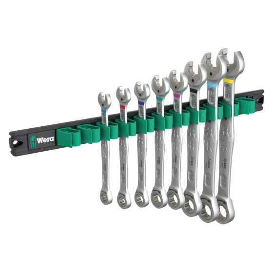 Eight-piece Wera Magnetic Rail 6000 Joker Imperial ratcheting combination wrenches set, featuring chrome-plated steel wrenches with color-coded ends, mounted on a black magnetic rail.