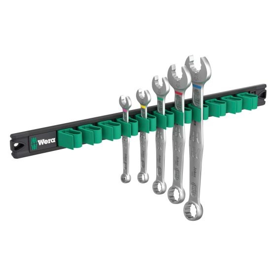 Wera Joker Ring Spanner Set with five chrome-plated spanners in varying sizes, mounted on a black magnetic rail with green holders for easy access and organization.
