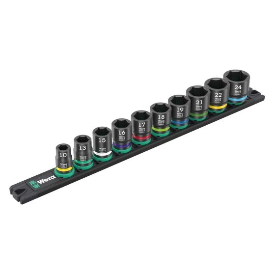 Wera 3/8 in drive impact socket set featuring ten black chrome sockets, labeled with sizes from 10 to 24, mounted on a sturdy black rail with colored bands for easy identification.