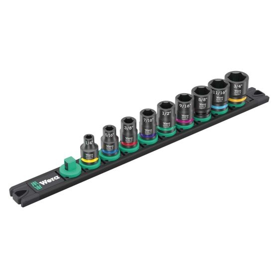 Nine-piece Wera 9608 Impact Socket Set on a black magnetic rail, featuring various SAE sizes, with colorful bands for easy identification and a 3/8" drive.