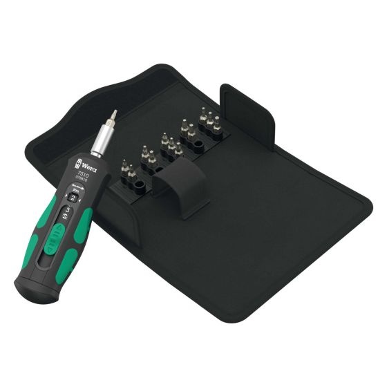Wera Torx 14-piece set featuring a black and green ergonomic screwdriver with interchangeable bits stored in a compact black pouch.