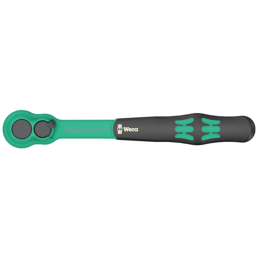 Wera 8010 B Zyklop Comfort Ratchet features a black and green ergonomic handle, a reversing lever, and a durable metal ratchet head for efficient fastening.