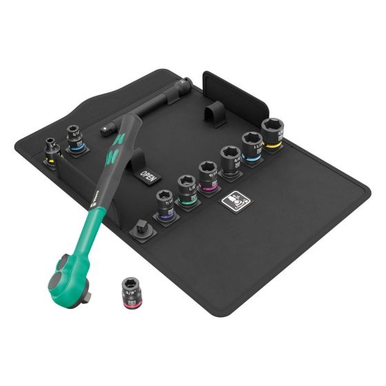 Wera 3/8-inch Imperial Comfort Ratchet Socket Wrench set in black and green, featuring a ratchet handle and 11 colorful, labeled socket sizes arranged on a black tray.