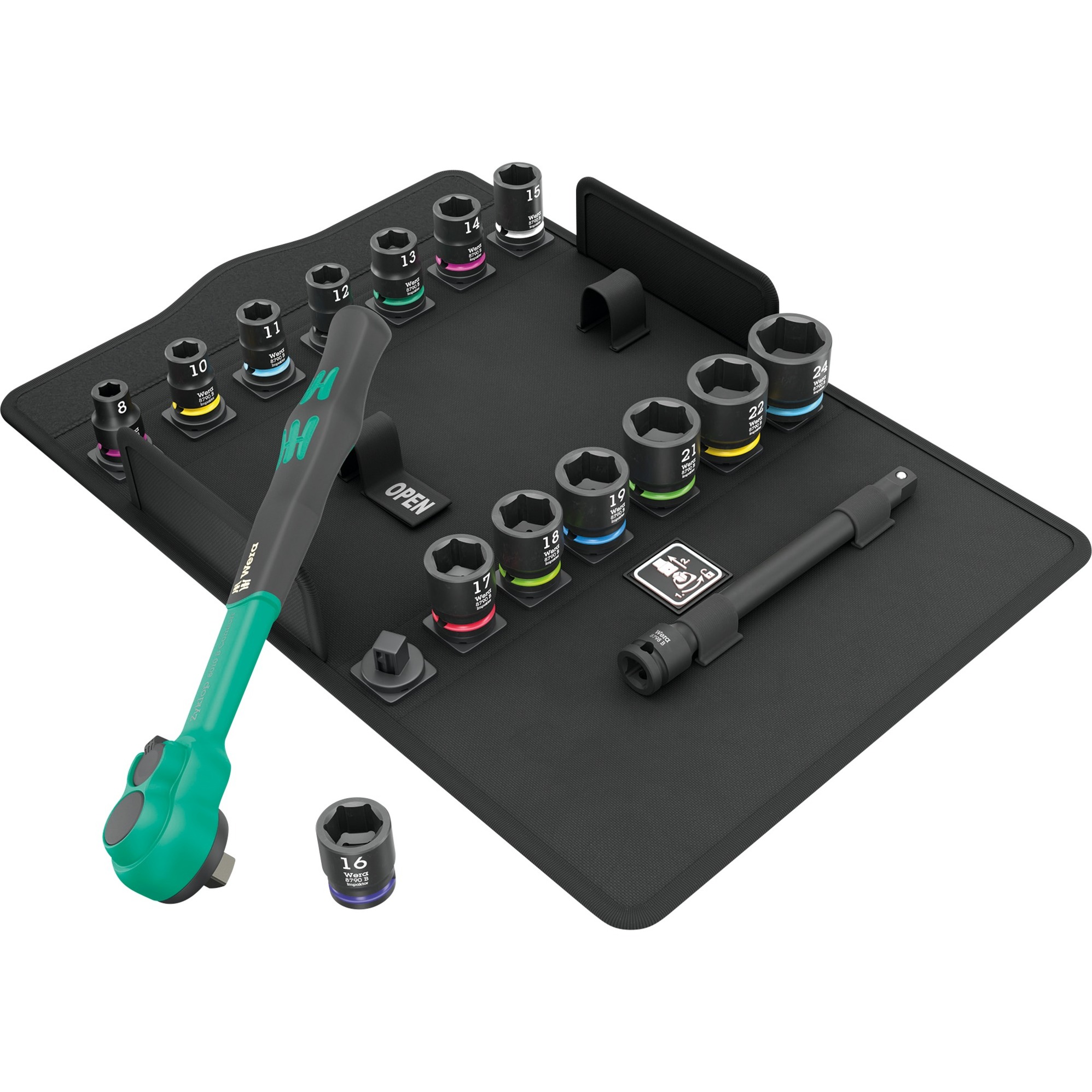 Wera 8100 SB 12 Zyklop Comfort Ratchet Set featuring a green and black ratchet handle, various metric sockets, and a durable black storage case with organized slots.