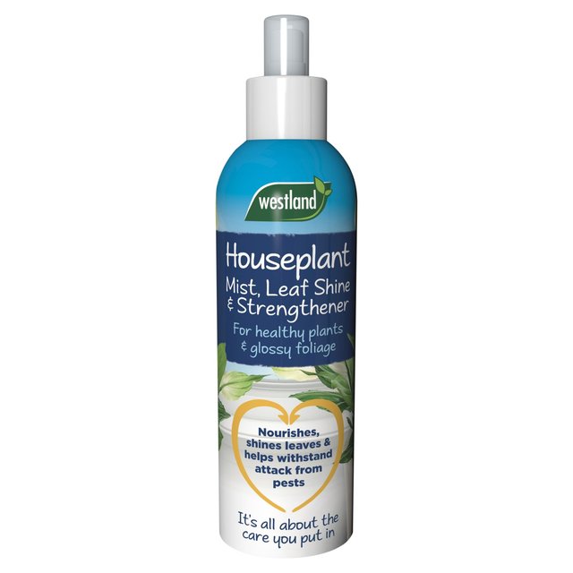 Westland Houseplant Mist & Leaf Shine in a blue and white spray bottle, featuring a green leaf design and text highlighting its benefits for healthy plants and glossy leaves.