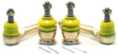 Whiteline Bump Steer Correction Kit featuring three gold and yellow ball joints with accompanying silver bolts, designed for enhanced steering performance.