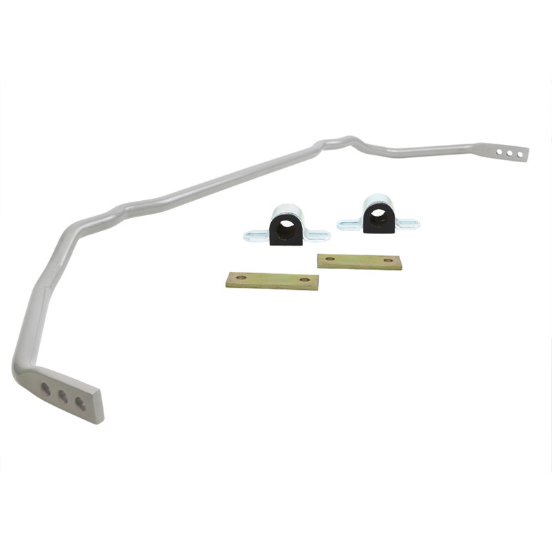Whiteline Performance adjustable anti-roll bar in white, 18mm diameter, featuring two mounting brackets and bushings for enhanced vehicle stability and handling.