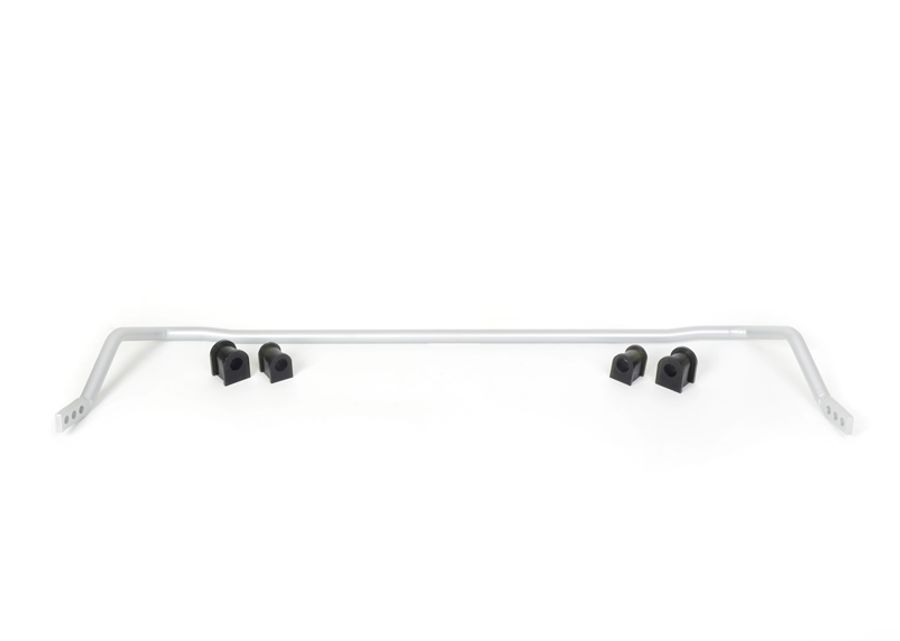 Whiteline Front Sway Bar Kit in silver metal with black rubber bushings, featuring multiple mounting points for enhanced vehicle stability, includes a 3-year or 60,000-mile warranty.