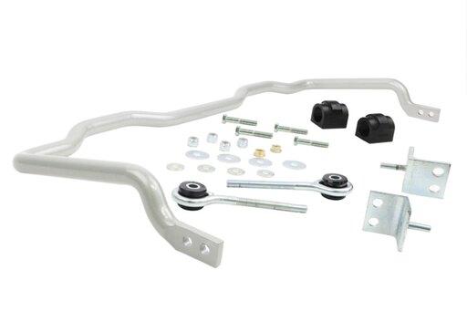 Whiteline BBR38Z 22mm rear adjustable sway bar in white, accompanied by black bushings, mounting brackets, and various hardware for 00-02 BMW 3 Series E36.