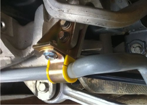 Heavy-duty adjustable sway bar in grey, featuring a yellow bushing and metal brackets, designed for Mitsubishi Lancer Evo models.