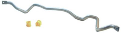 Silver heavy-duty sway bar with a wavy design, designed for 2003-2006 Mitsubishi Lancer Evolution 8, accompanied by yellow polyurethane bushings.