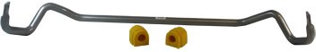 Gray metal sway bar with a 27 mm diameter, featuring curved ends and two yellow polyurethane bushings below, designed for BMW 1 Series and 3 Series by Whiteline.