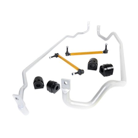 Whiteline BBK004 Front/Rear Sway Bar Kit featuring silver sway bars, orange end links, and black bushings, designed for BMW 325I (2005-2011) and select 328 I models.