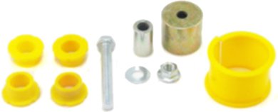 Front heavy-duty steering rack components in yellow polyurethane and metal, including bushings, a bolt, and a sleeve, designed for Subaru Legacy GT, WRX Hatch, and STi models.