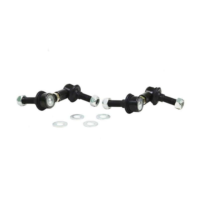 Black metal ball joint drop links with silver washers and nuts, designed for universal fit, measuring 65-75 mm, featuring sturdy construction for enhanced vehicle performance.