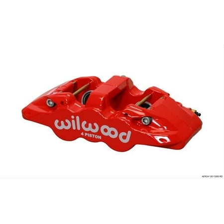 Red aluminum Wilwood 120-14004-RD Aero4 radial mount caliper featuring a sleek design, four pistons, and prominent white "Wilwood" branding on the side.