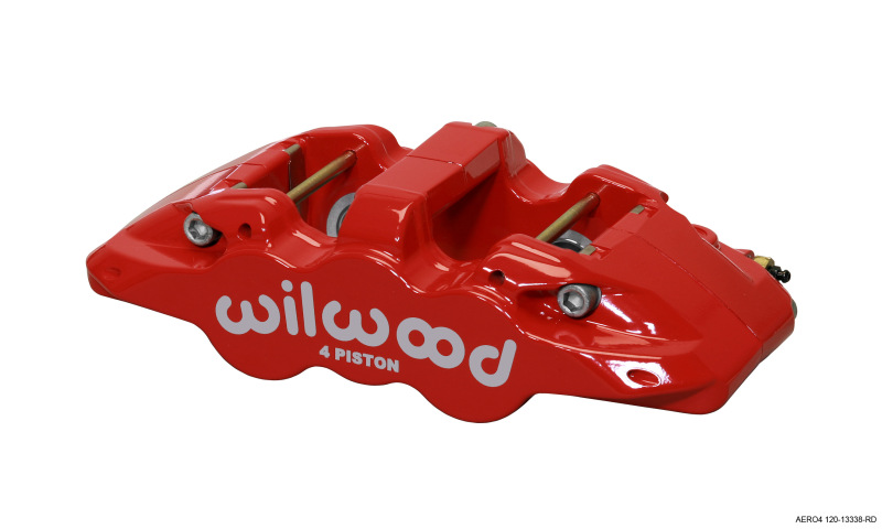 Red Wilwood AERO4 radial mount caliper featuring a 4-piston design, with visible mounting points and a glossy finish, showcasing the brand name prominently.