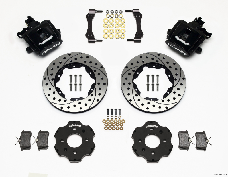 Wilwood 140-10206-D rear brake kit featuring black calipers, drilled rotors, brake pads, and hardware for installation, designed for enhanced braking performance.