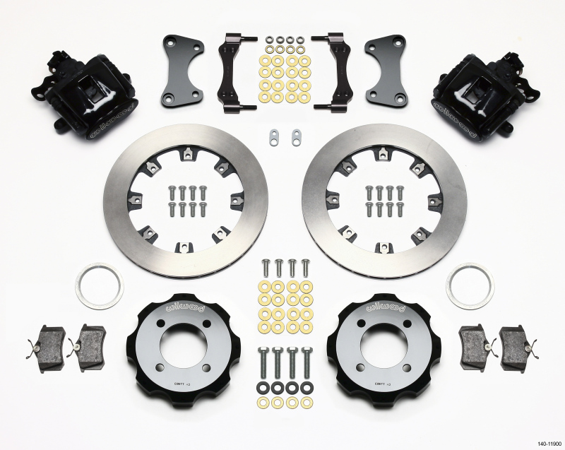 Wilwood 140-11900 rear parking brake caliper kit in black, featuring two calipers, rotors, brackets, and various hardware including bolts, washers, and clips.