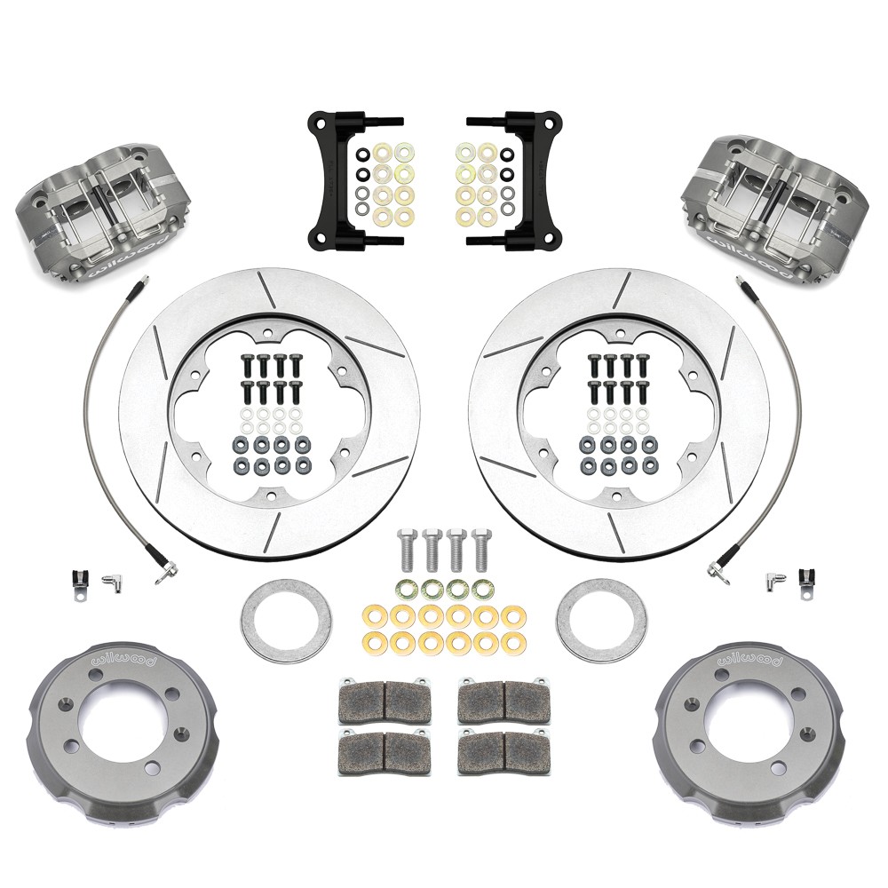 Forged aluminum brake calipers in silver, vented rotors, stainless steel brake lines, and assorted mounting hardware for the Wilwood 140-17362 Big Brake Front Brake Kit.