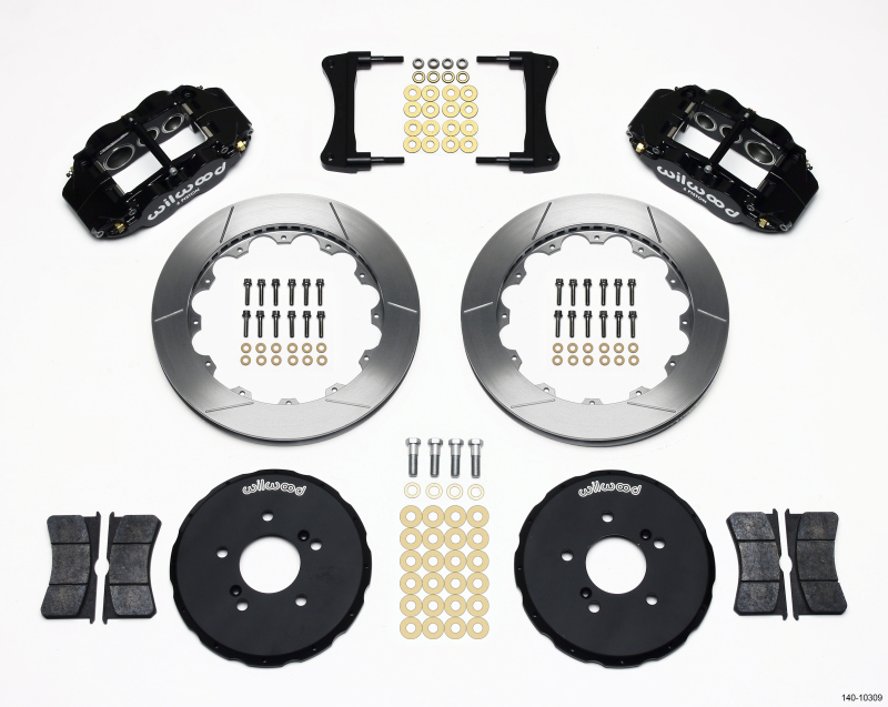 Wilwood 140-10309 Forged Narrow Superlite 6R Big Front Brake Kit featuring black calipers, silver rotors, and various mounting hardware including bolts and washers.