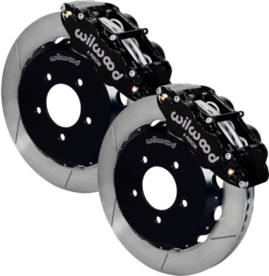 Wilwood 140-12907 Forged Narrow Superlite 6R Big Front Brake Kit featuring black calipers, silver rotors, and a sleek design for high-performance braking.