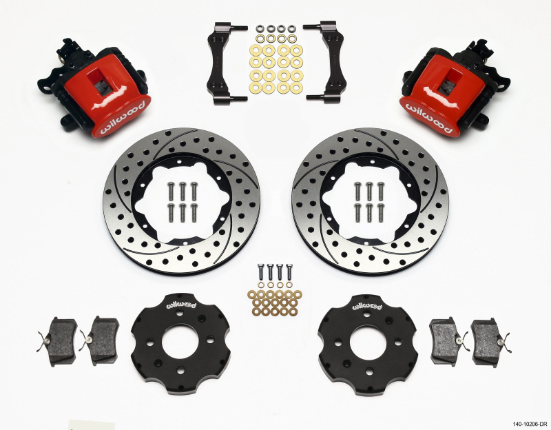 Wilwood 140-10206-DR CPB Rear Disc Brake Kit featuring red calipers, slotted black rotors, brake pads, and mounting hardware, designed for 90-01 Civic/Integra models.