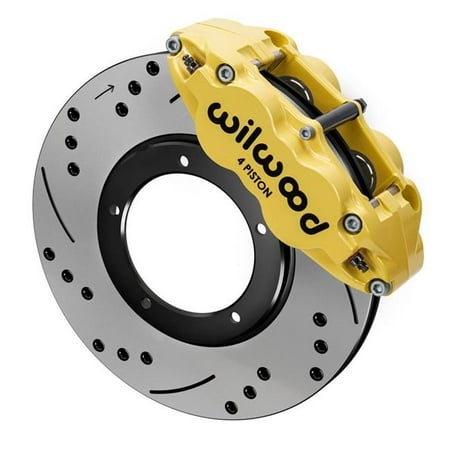 Wilwood Big Brake Kit featuring a bright yellow 4-piston caliper and a slotted black rotor, designed for enhanced braking performance.