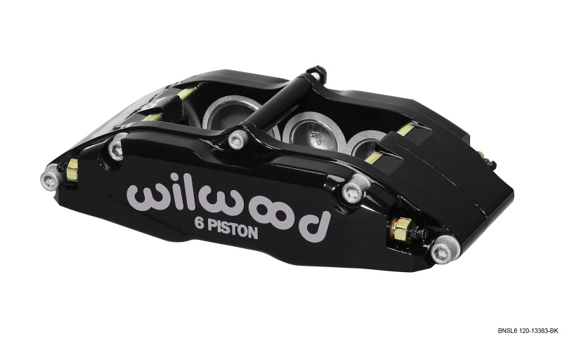 Wilwood 120-13382-BK Billet Narrow Superlite brake caliper in black, featuring a six-piston design, aluminum construction, and the "Wilwood" logo prominently displayed.