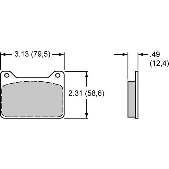 Wilwood's Pad 7912-40 axle set features a rectangular shape with dimensions labeled in inches and millimeters, showcasing a smooth gray surface and detailed measurements.