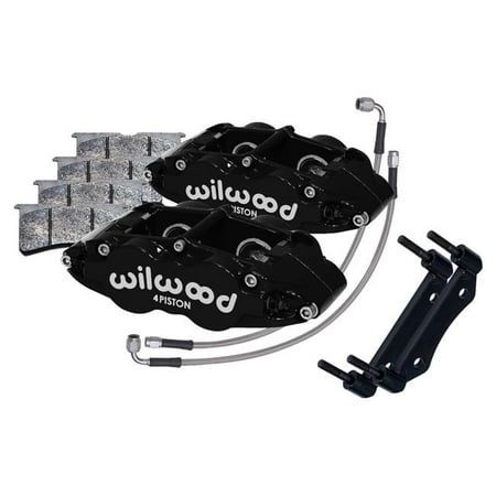 Wilwood black brake caliper upgrade kit featuring a 4-piston design, stainless steel brake lines, brake pads, and a mounting bracket for OEM discs.