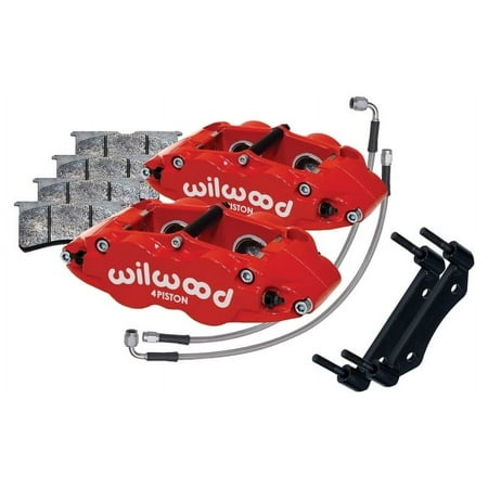 Wilwood red brake caliper upgrade kit featuring a 4-piston design, stainless steel brake lines, metallic brake pads, and a mounting bracket for OEM discs.