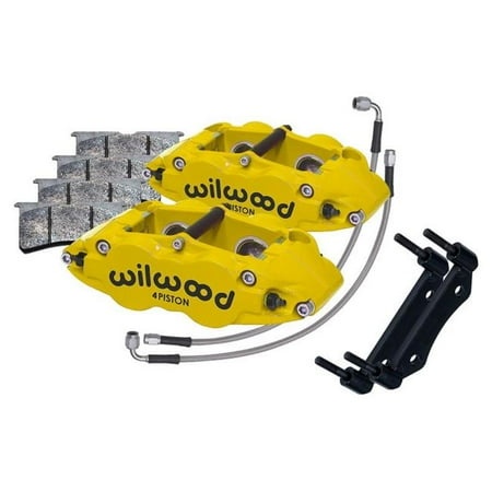 Wilwood brake caliper upgrade kit in bright yellow, featuring 4-piston calipers, stainless steel brake lines, and a mounting bracket, designed for OEM discs.