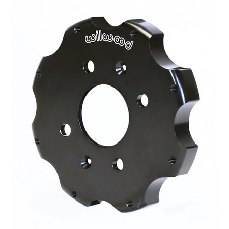 Black aluminum rear brake hat with a .750 inch offset, featuring a scalloped design and four holes spaced 3.93 inches apart, branded with the "Wilwood" logo.
