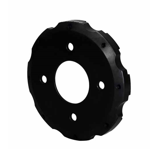 Black aluminum front brake hat with a .830 inch offset, featuring four holes arranged in a 4 x 3.93 inch pattern and a rugged, textured surface for enhanced performance.
