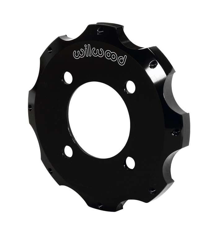 Black aluminum drag hat with a shallow offset design, featuring six holes and the "Wilwood" logo prominently displayed on the surface.