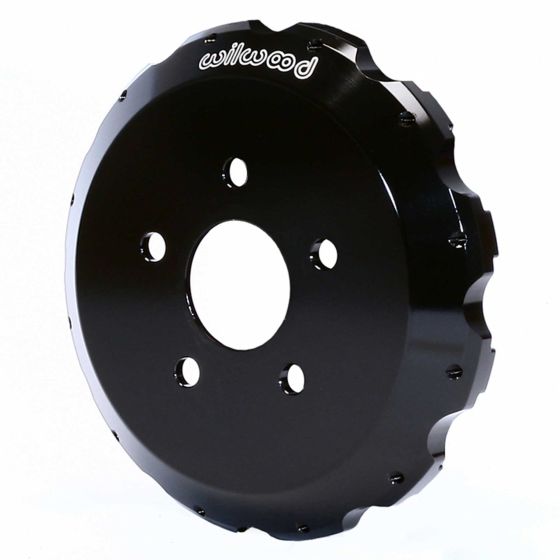Black aluminum drag hat with shallow offset, featuring a smooth surface and six bolt holes, marked with the "Wilwood" logo in white.
