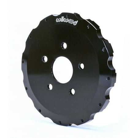 Black aluminum Big Brake Hat with a short offset, featuring a scalloped edge and multiple holes for mounting, measuring 12 x 8.75 inches, branded with "Wilwood."