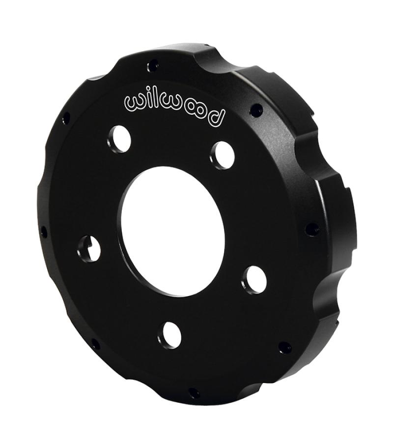 Black aluminum big brake hat with a short offset design, featuring multiple holes for mounting and the "Wilwood" logo prominently displayed on the surface.