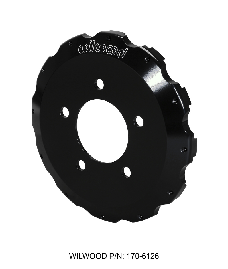 Black aluminum big brake hat with a short offset, featuring multiple holes for mounting and a smooth, polished finish, labeled with "Wilwood" and part number 170-6126.