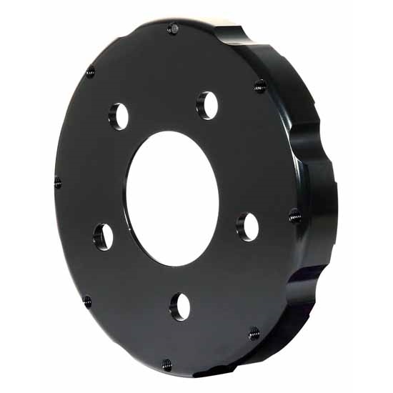 Black aluminum brake hat with a .650 inch offset, featuring six bolt holes arranged in a 5 x 4.50 inch pattern, designed for high-performance braking systems.
