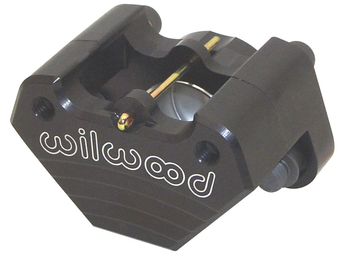 Black aluminum caliper with a sleek design, featuring a 1.75-inch piston and a mounting for 0.250-inch rotor thickness, marked with "Wilwood" logo.
