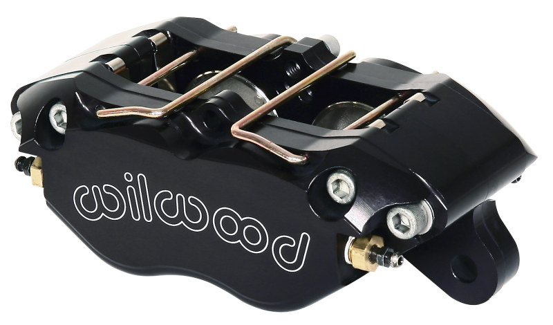 Black forged billet caliper with gold hardware, featuring two 1.75-inch pistons and designed for 0.380-inch rotors, showcasing the Wilwood logo prominently.
