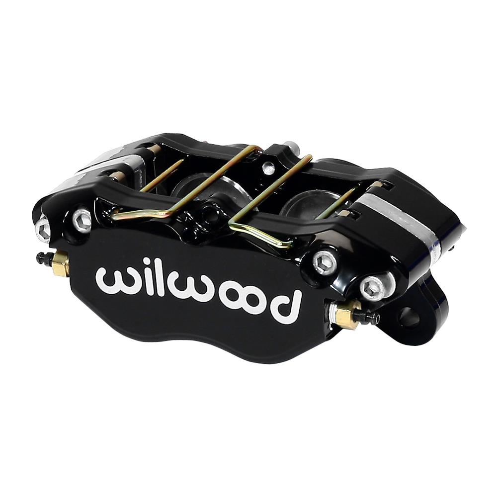 Black Wilwood Dynapro lug mount caliper with silver accents, featuring dual pistons, a compact design, and the brand name prominently displayed in white.
