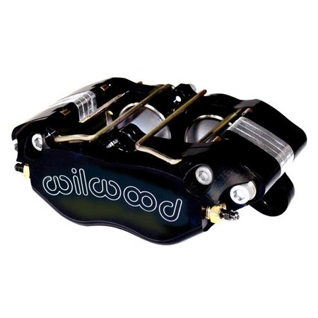 Black forged billet caliper with silver accents, featuring dual 1.38-inch pistons, designed for 0.810-inch rotor thickness, and prominently displaying the "Wilwood" logo.
