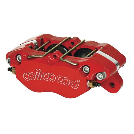 Red aluminum Wilwood 120-9693-RD Dynapro lug mount caliper featuring a sleek design, dual pistons, and prominent white "Wilwood" branding on the side.