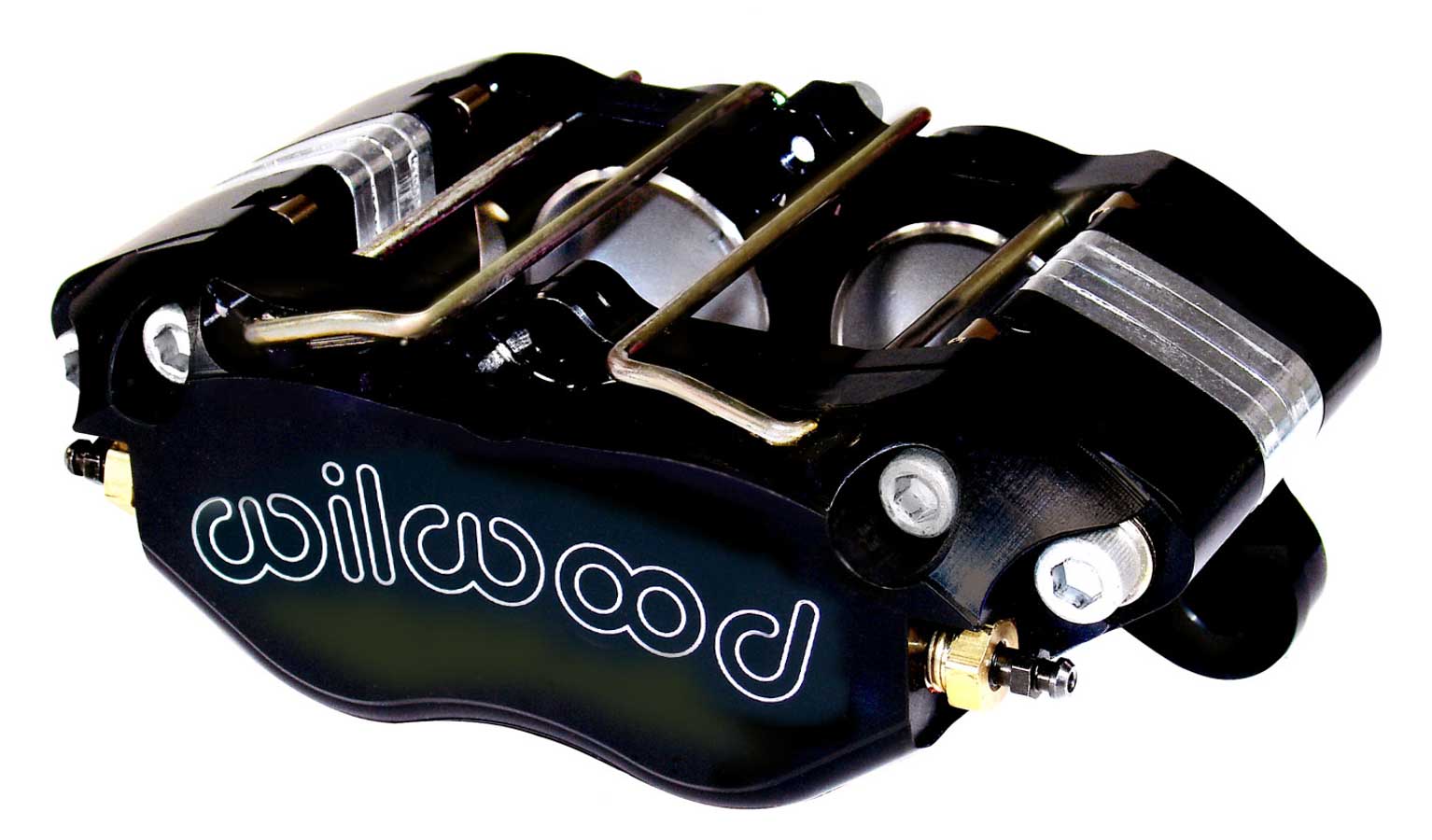 Black Wilwood Dynapro lug mount caliper with a 5.25-inch mount, featuring two silver pistons, stainless steel hardware, and a sleek design with the Wilwood logo.