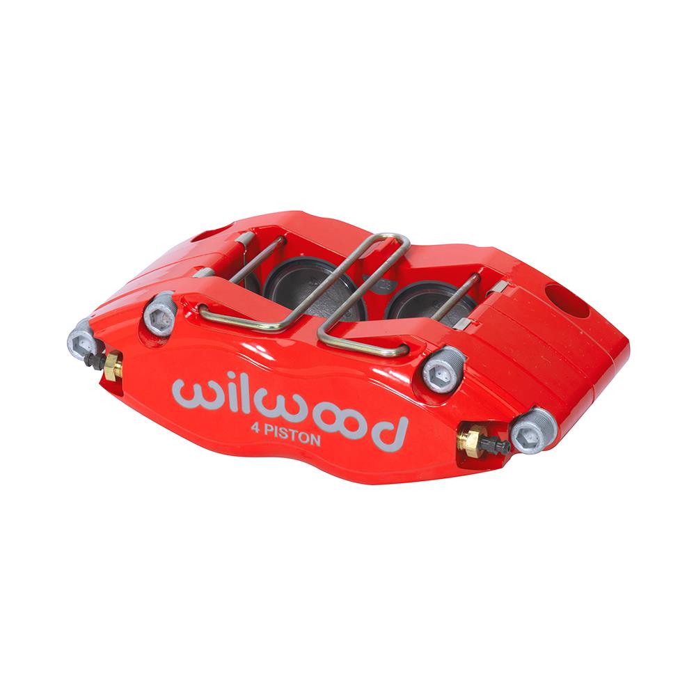 Red Wilwood DynaPro brake caliper featuring a 1.25 in. piston, 0.38-0.500 in. rotor compatibility, and a sleek design with a prominent "wilwood" logo.