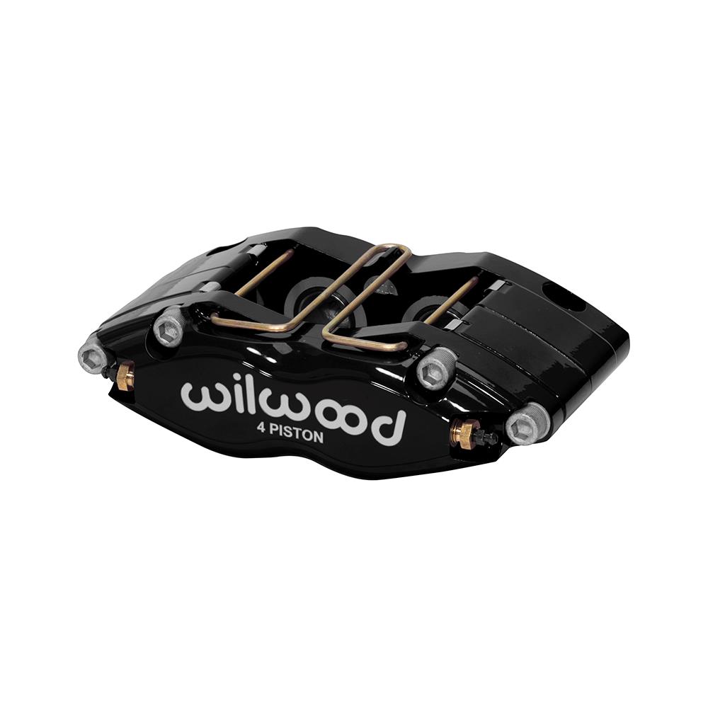 Black Wilwood 120-14697-BK Dynapro-13 dust seal radial mount caliper featuring a sleek design, four pistons, and prominent white "wilwood" branding.